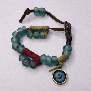 Slider Beaded Bracelet Eyeball Blue Dangle Charm Leather Rope